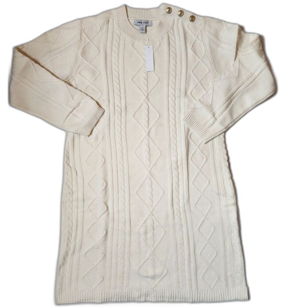 Nine West Jeans Cream Cable Knit Sweater Dress XL Button Shoulder
